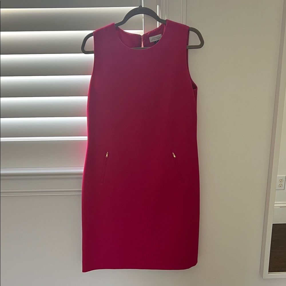 Tahari Fuchsia Sleeveless Shift Dress with Zip-Pocket Detail